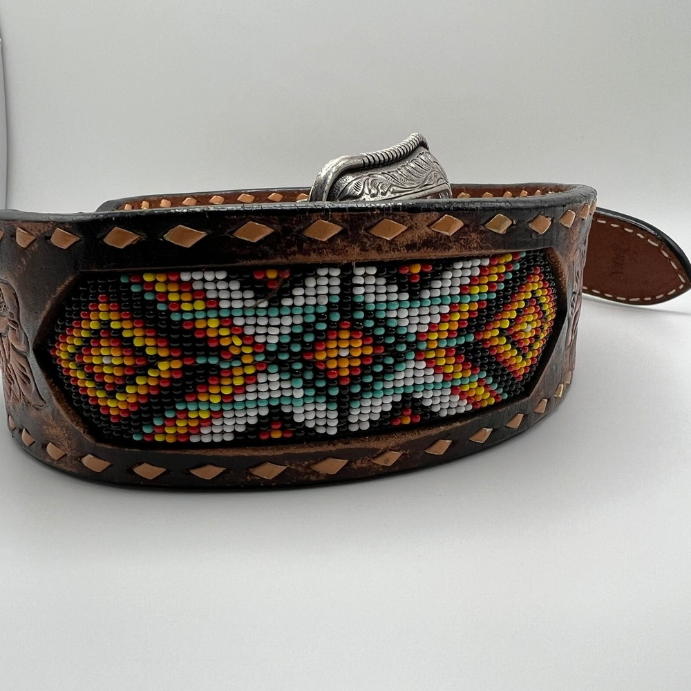 3D Men's Tooled Leather Western Belt Sz 32 – Floral Beaded Silver Buckle Rodeo - Picture 2 of 7